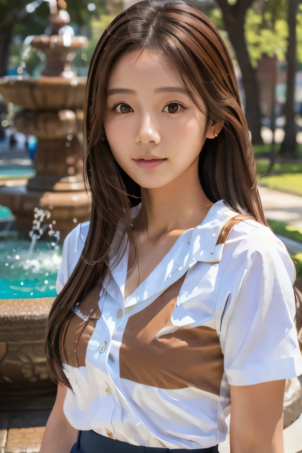 Araffe femme asiatique dans une chemise blanche et une jupe bleue posant  pour une photo - SeaArt AI