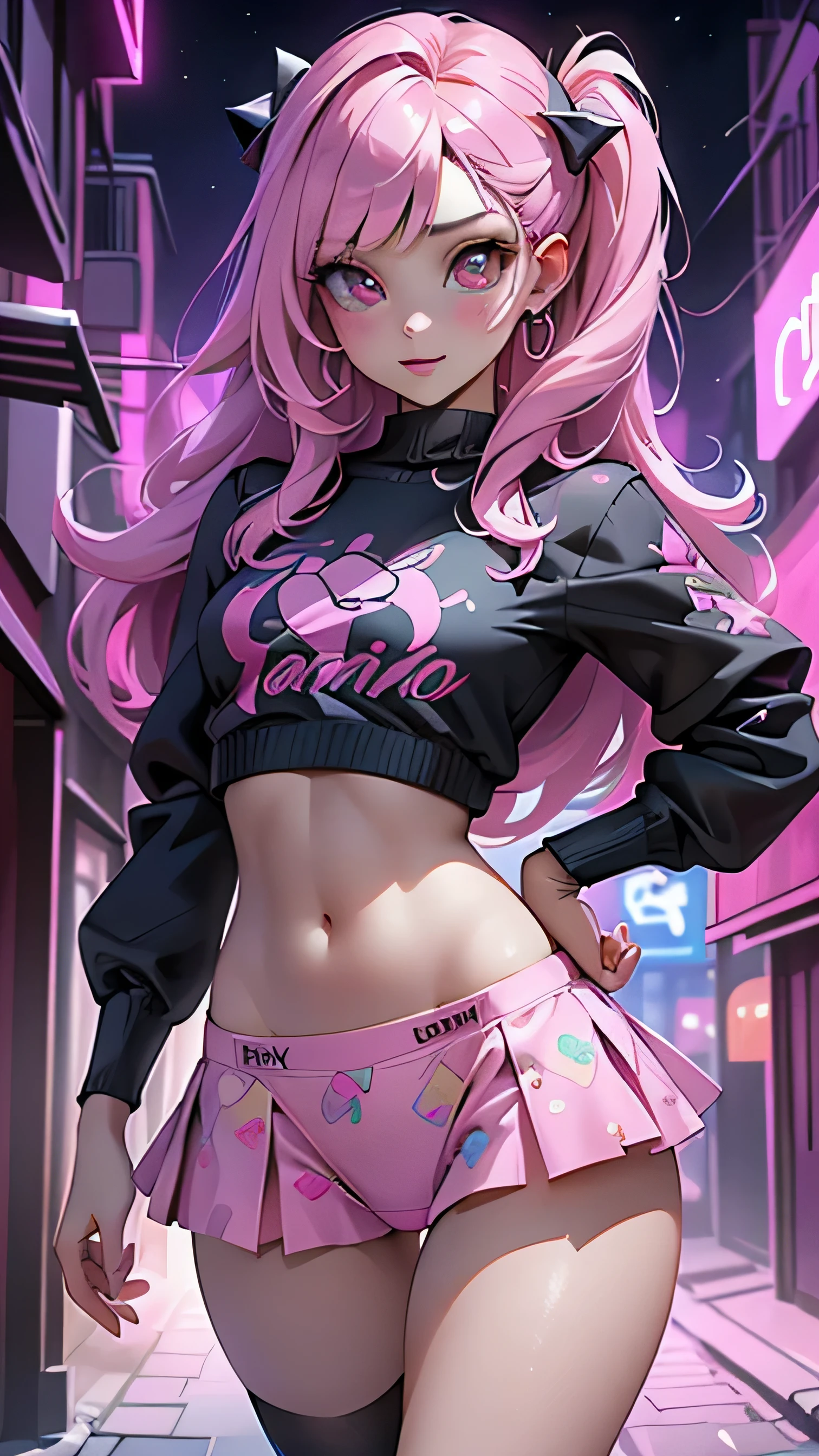 (La Best Quality,A high resolution,Ultra - detailed,actual),Ariana Grande con miniskirt pink kawaii , exposed abdomen, crop top,( pink curly hair), (Paris alley night background:1.4), More detailed 8K.unreal engine:1.4,UHD,La Best Quality:1.4, photorealistic:1.4, skin texture:1.4, masterpiece:1.8,first work, Best Quality,object object], (detailed face features:1.3),(The correct proportions),(Beautiful blue eyes),  (cowboy pose),( showing children&#39;s printed panties :1.4 ), (fingers detailed:1.4) 