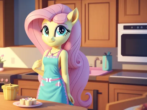 An anthropomorphic young fluttershy, wearing an very small apron, spread wings, open arms, standing, waiting in the kitchen, you...