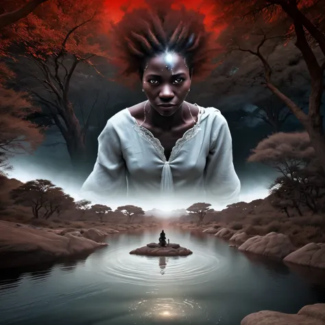 A super detailed,super realistic African setting,malevolent spirit appearing over a lonely river with only trees and rocks,dress...