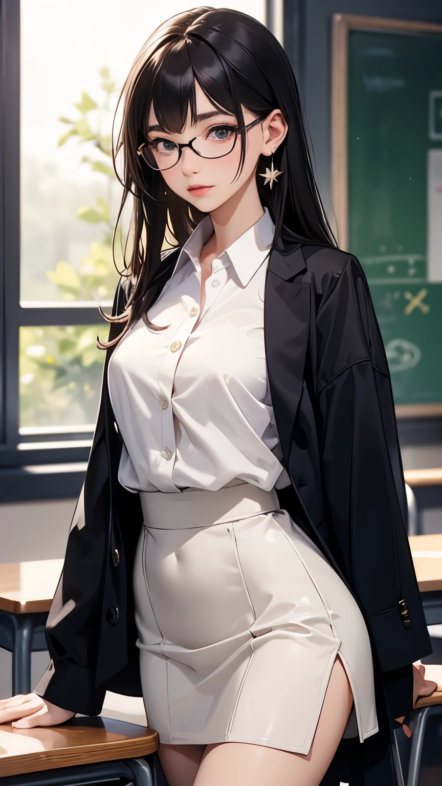 black hair, bangs, hair behind ear, very long hair, jewelry, earrings, masterpiece, textured skin, high details, best quality, Adult woman, high school teacher, wearing a jacket, dark blue suit, white blouse, tight skirt, mature woman, good figure, standing alone in the classroom, in class,eyeglass