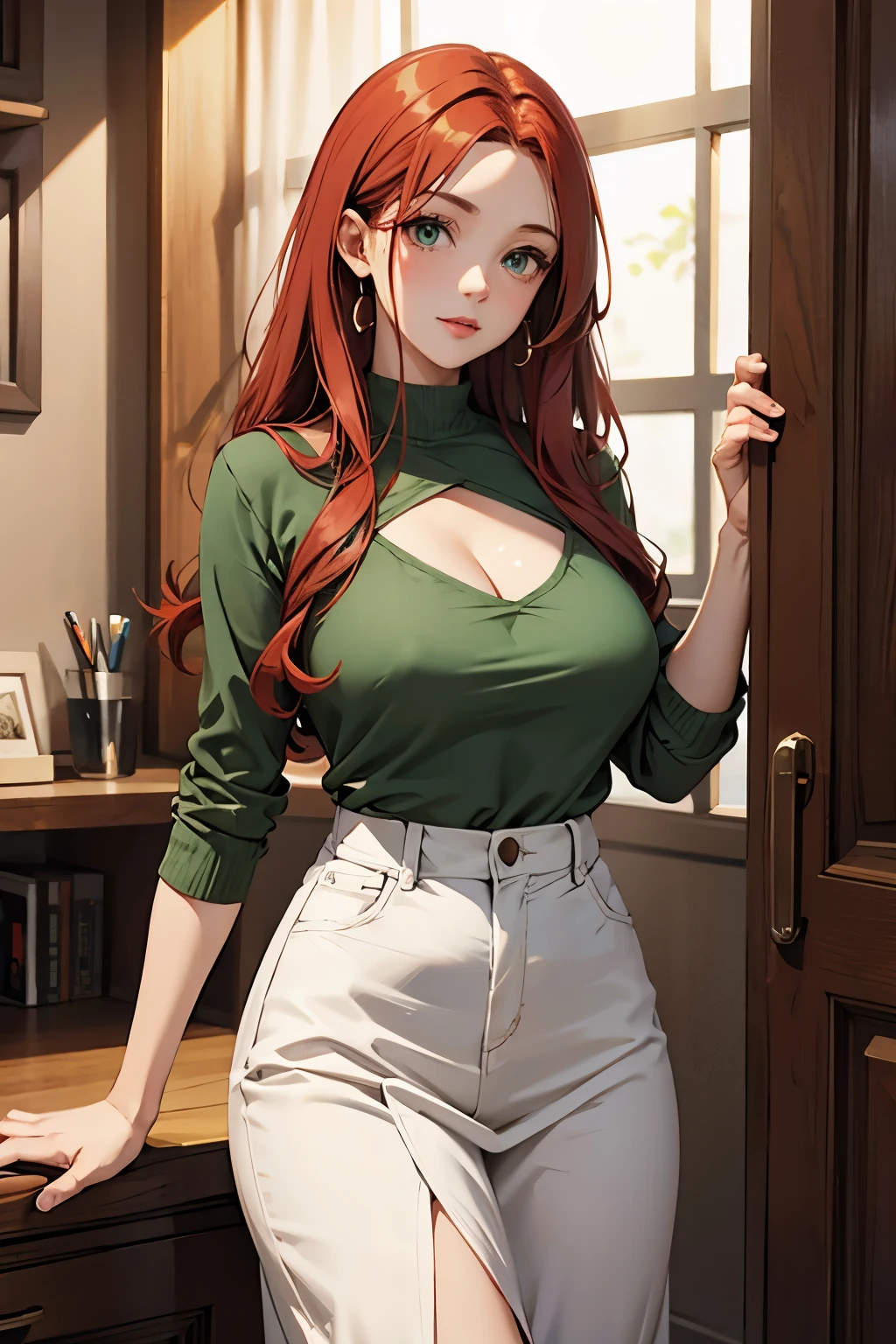 una mujer madura, pelo rojo largo y rizado, ojos verde claro, Labios delgados, cara redonda, pechos grandes, vistiendo un traje casual