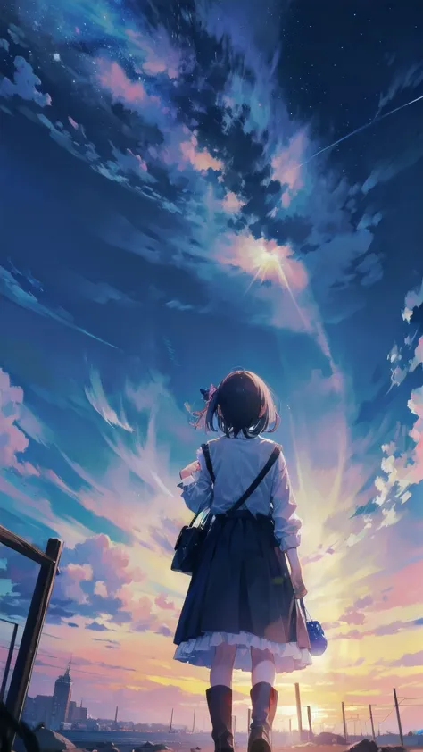 girl looking up scene 1: 黄昏のtowerの影 少女は空を背に静かに佇む, dyed azure. 彼女の目の前にそびえ立つのはバベルのtowerと呼ばれる巨大な建造物だ. the shape, like piercing the ...