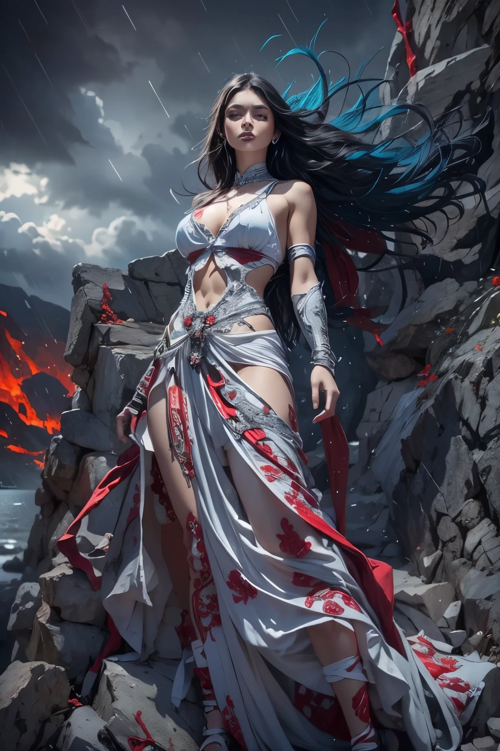 black and white and blue and red,(best quality, ultra-detailed, high resolution, extremely detailed cg),wide shot,dead angels stand on cliff edge,she is very beautiful,she like blood and sea,bloody rain, mystical,fanatic, intricate, surreal,delicate