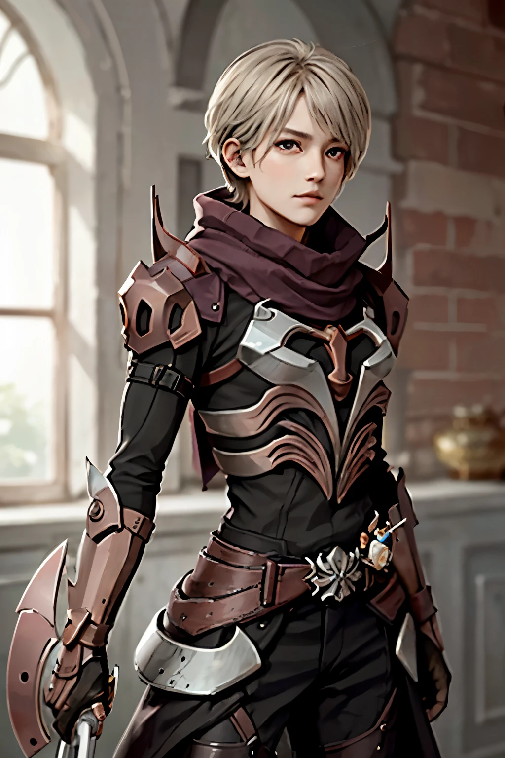 highest quality,masterpiece,High resolution,original,highly detailed wallpaper,perfect lighting,Very detailed CG,blurred background,Are standing,
Ragnarok_GX,armor,torn scarf,gloves,