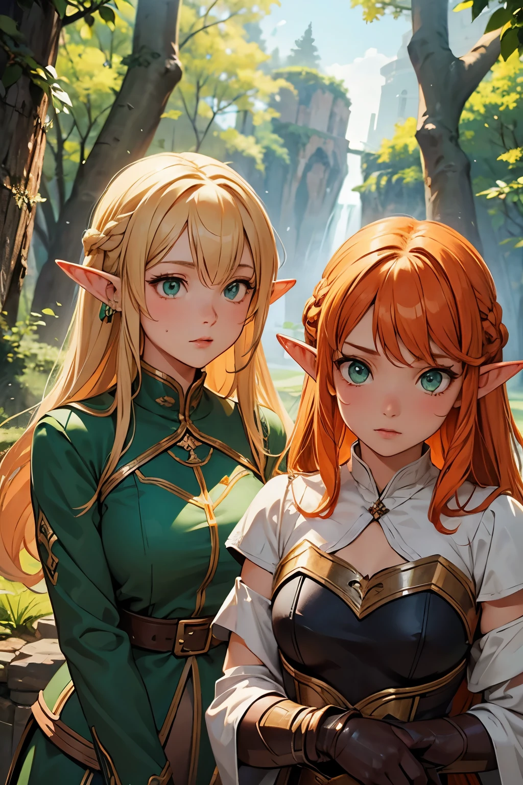 (masterpiece), best quality, expressive eyes, perfect face, two adventurer girls, ( 1 girl, elf ears, blond hair, green eyes, green dress, jewelry, magic user), ( 2 girl, elf ears, orange hair, brown eyes, leather armor, fighter) , magical forest background