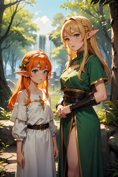 (masterpiece), best quality, expressive eyes, perfect face, two adventurer girls, ( 1 girl, elf ears, blond hair, green eyes, gr...