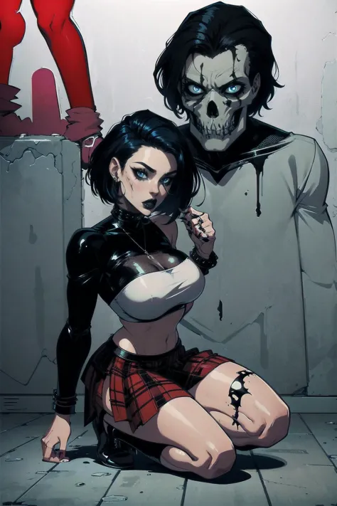 a woman with short black hair, hair on shoulders,  wearing a black cropped  and plaid skirt, blue eyes, zombie art, gothic art, ...