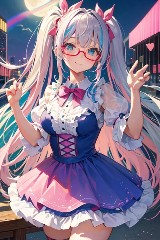 (rainbow colored hair, Glasses、colorful hair, half silver、half pink hair: 1.2), ,long hair、(Cinematic digital artwork: 1.3), high quality, table top, Turquoise eyes、最high qualityの, Super detailed, figure, [4K digital art]!!、 Kyoto animation style, one woman, clavicleの美しさ, clavicle, light, want, blue sky, positive, Dead leaves dance、full moon、See-through、（pink and yellow、Gothic Lolita)、Scarlet polka dot unset, motivation, shine, dynamic perspective、青いGlasses、Green ribbon、twin tails、embarrassed face、cute face、happy face