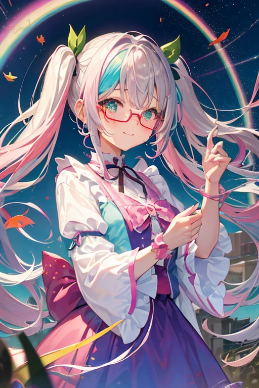 (rainbow colored hair, Glasses、colorful hair, half silver、half pink hair: 1.2), ,long hair、(Cinematic digital artwork: 1.3), high quality, table top, Turquoise eyes、最high qualityの, Super detailed, figure, [4K digital art]!!、 Kyoto animation style, one woman, clavicleの美しさ, clavicle, light, want, blue sky, positive, Dead leaves dance、full moon、See-through、（pink and yellow、Gothic Lolita)、Scarlet polka dot unset, motivation, shine, dynamic perspective、青いGlasses、Green ribbon、twin tails、embarrassed face、cute face、happy face