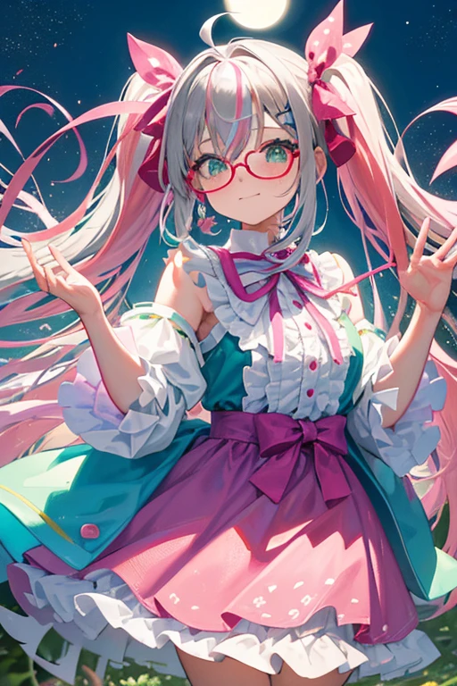 (rainbow colored hair, Glasses、colorful hair, half silver、half pink hair: 1.2), ,long hair、(Cinematic digital artwork: 1.3), high quality, table top, Turquoise eyes、最high qualityの, Super detailed, figure, [4K digital art]!!、 Kyoto animation style, one woman, clavicleの美しさ, clavicle, light, want, blue sky, positive, Dead leaves dance、full moon、See-through、（pink and yellow、Gothic Lolita)、Scarlet polka dot unset, motivation, shine, dynamic perspective、青いGlasses、Green ribbon、twin tails、embarrassed face、cute face、happy face