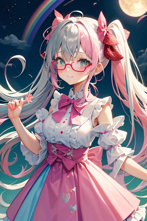 (rainbow colored hair, Glasses、colorful hair, half silver、half pink hair: 1.2), ,long hair、(Cinematic digital artwork: 1.3), high quality, table top, Turquoise eyes、最high qualityの, Super detailed, figure, [4K digital art]!!、 Kyoto animation style, one woman, clavicleの美しさ, clavicle, light, want, blue sky, positive, Dead leaves dance、full moon、See-through、（pink and yellow、Gothic Lolita)、Scarlet polka dot unset, motivation, shine, dynamic perspective、青いGlasses、Green ribbon、twin tails、embarrassed face、cute face、happy face