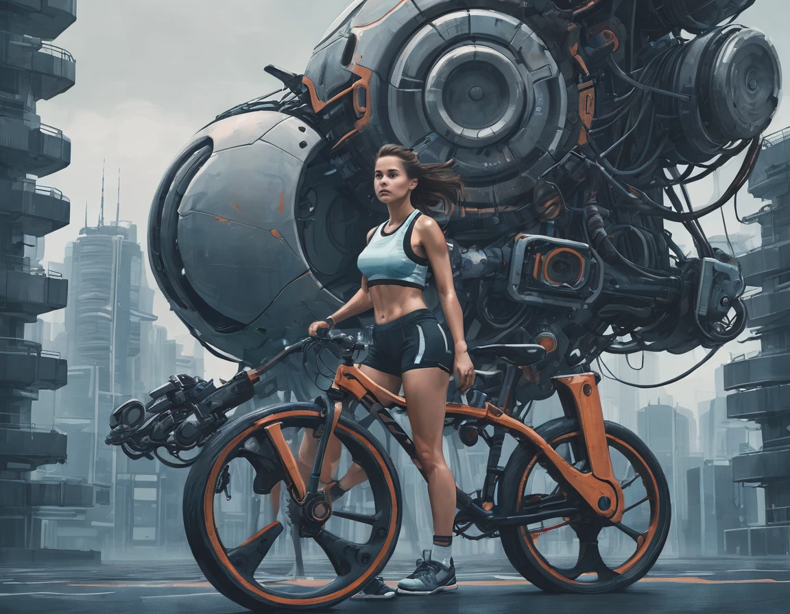 sst, une fille fait du vélo, en short de course, short court, Une structure de machines complexe dans une ville futuriste
