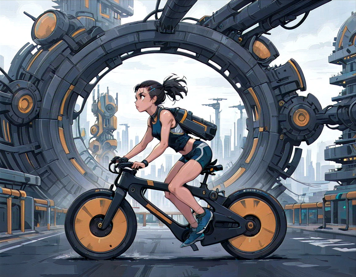ССТА, девушка катается на велосипеде, В беговых шортах, короткие шорты, Сложная конструкция машин в футуристическом городе
