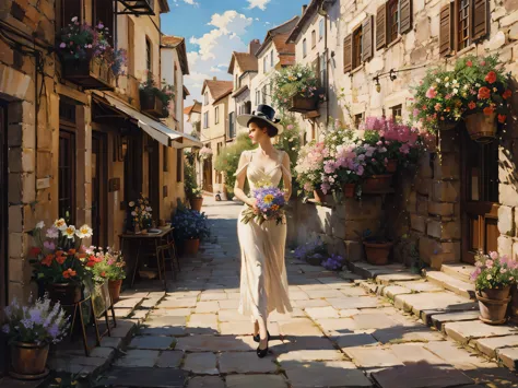 abbott fuller graves，oil painting style，european town，neighborhood，flowers bloom，a european woman walked by，whole body，simple an...