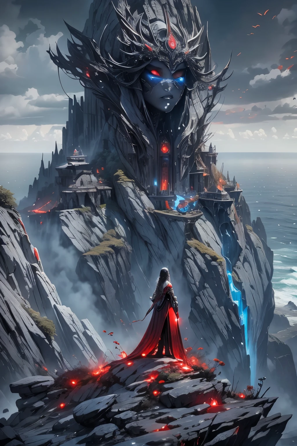 black and white and blue and red,(best quality, ultra-detailed, high resolution, extremely detailed cg),wide shot,dead angels stand on cliff edge,she is very beautiful,she like blood and sea,bloody rain, mystical,fanatic, intricate, surreal,delicate