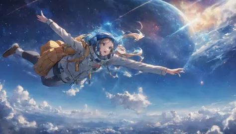girl flying in the sky、Flight Mode、school bag、deep blue sky、Atmosphere、Cosmic radiation