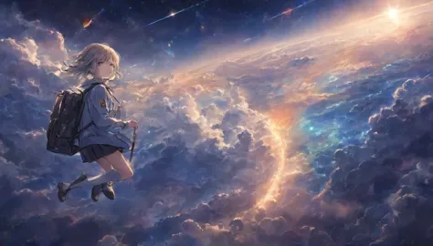 girl flying in the sky、Flight Mode、school bag、deep blue sky、Atmosphere、Cosmic radiation