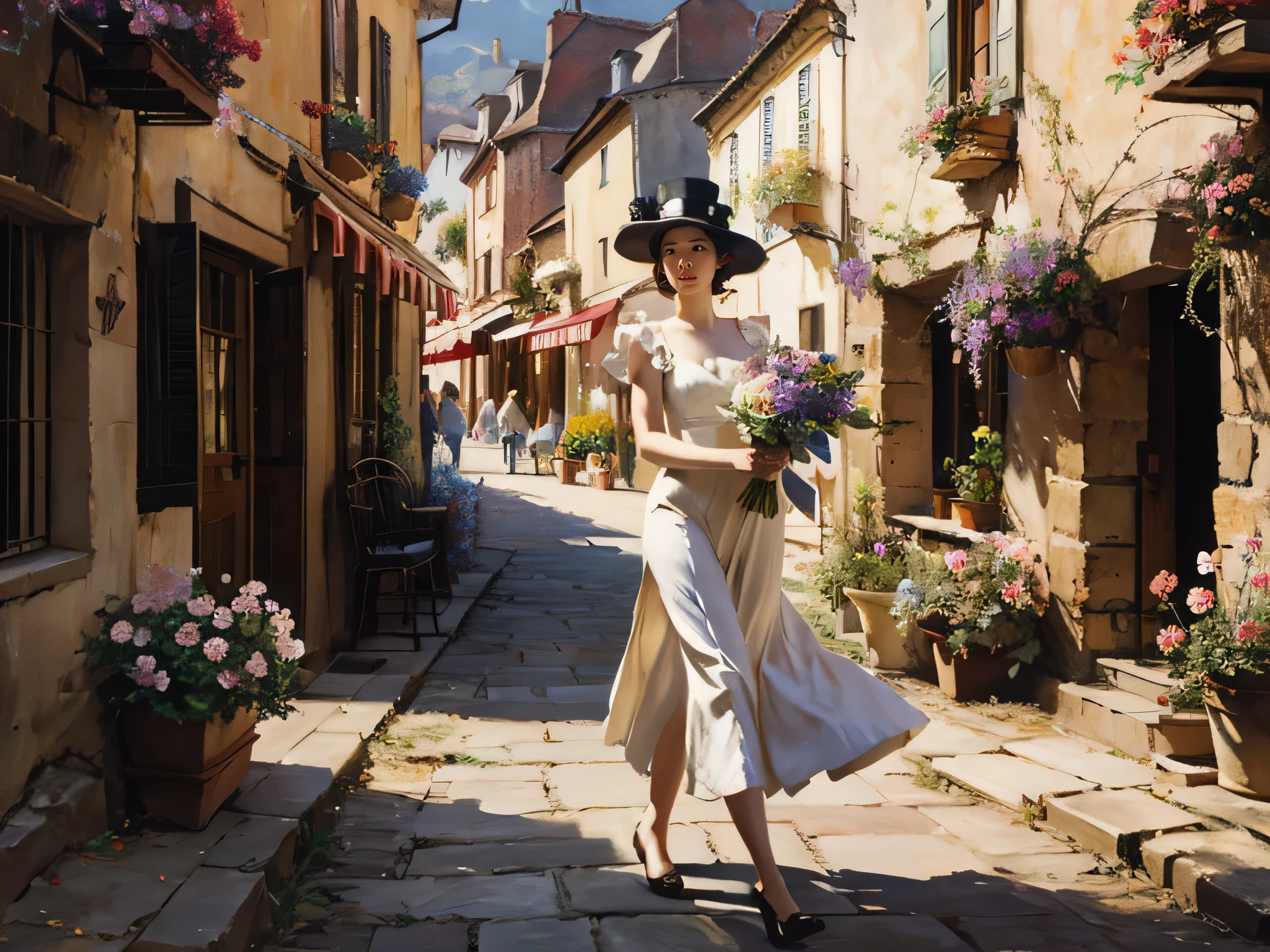 Abbott Fuller Graves，oil painting style，European Town，neighborhood，flowers bloom，A European woman walked by，whole body，Simple and elegant，Holding a bouquet of flowers，Wearing a top hat