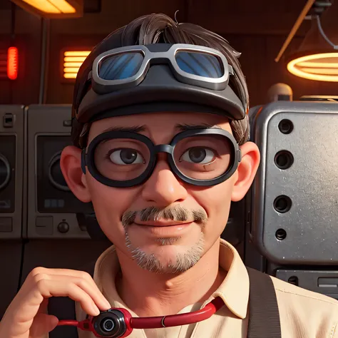 Portrait of a quirky middle-aged man wearing infrared goggles,Behind the machine，Glasses are cool
