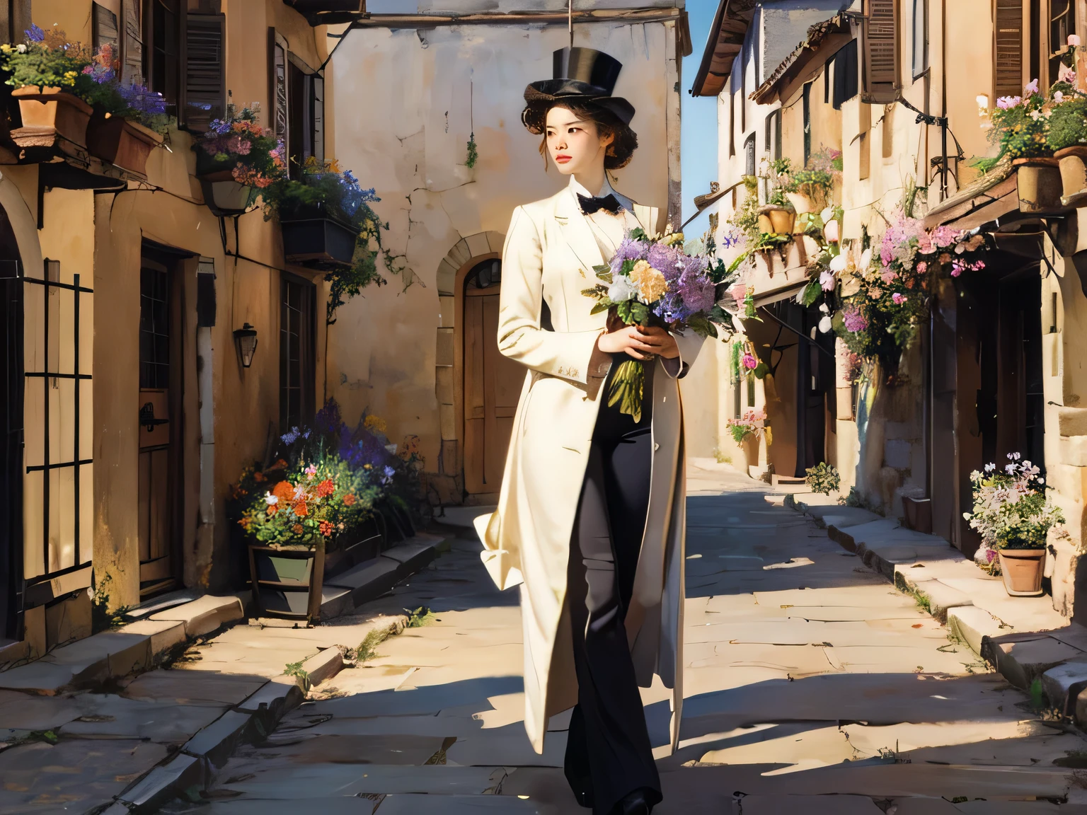 Abbott Fuller Graves，oil painting style，European Town，neighborhood，flowers bloom，（flowers:1.5）,A European woman walked by，whole body，Simple and elegant，Holding a bouquet of flowers，Wearing a top hat