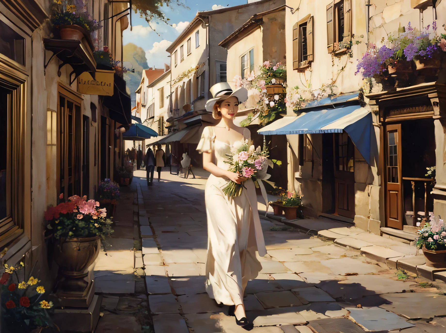 Abbott Fuller Graves，oil painting style，European Town，neighborhood，flowers bloom，（flowers:1.5）,A European woman walked by，whole body，Simple and elegant，Holding a bouquet of flowers，Wearing a top hat