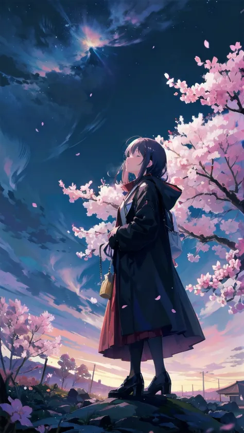 Girl looking up scene 1: Shadow of the cherry blossoms at dusk A girl stands quietly with the sky behind her, Dyed azure. 彼女の目の前...