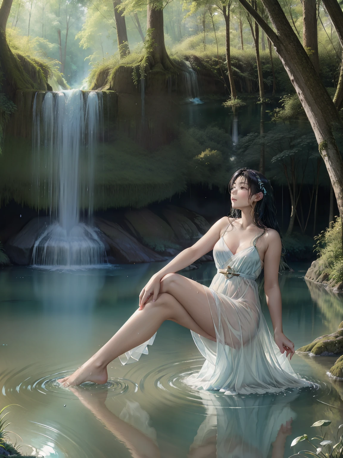 (best quality,4k,8k,highres,masterpiece:1.2),ultra-detailed,(realistic,photorealistic,photo-realistic:1.37),water nymph,touched by a waterfall,chilly mist,ethereal beauty,sheen of water drops,flowing white dress,glistening eyes,serene expression,soft breeze,glowing sunlight,rippling reflections,colorful rainbow,calm surroundings,natural tranquility,lush greenery,graceful movements,magical atmosphere,harmonious symphony of nature,splashing droplets,melody of water,pristine purity,dim sunlight filtering through trees,gentle cascade of water,subtle ripples on the surface,sparkling crystal-clear water,mystical aura,serenity preserved in time,serene energy of water.