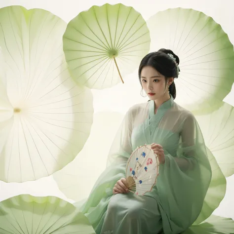 there is a woman sitting on the bed，holding fan in hand, palace ， a girl wearing hanfu, inspired by tang yin, inspired by tang y...