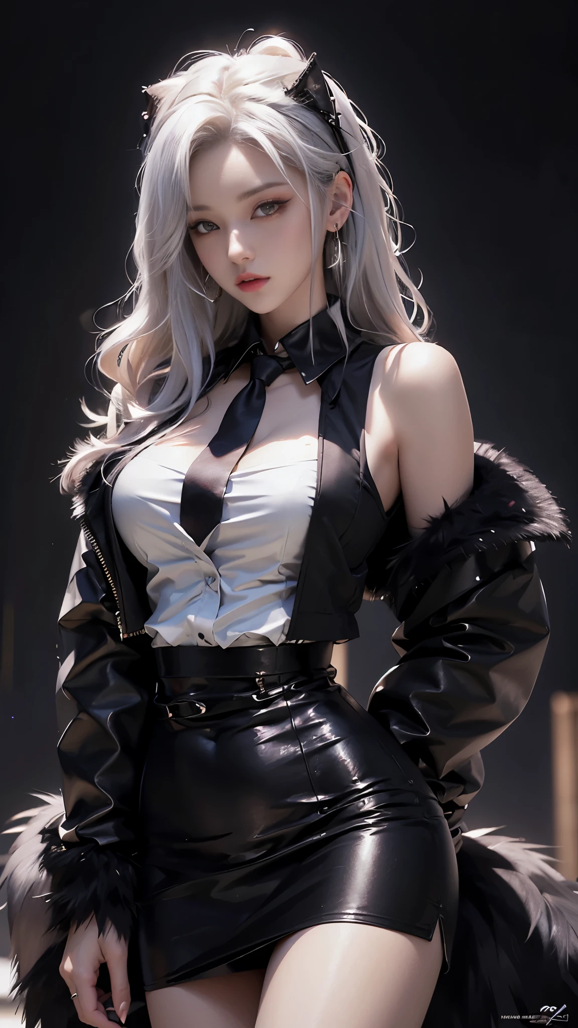 Photorealistic, high resolution, 1 Women, Solo, Hips up,Lolita costume， Beautiful eyes, White hair, ringed eyes, Collared shirt,black necktie,Black skirt, pencil skirts, Fur coat