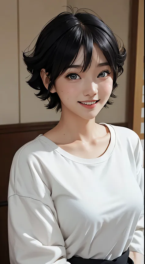 uzumaki himawari, an anime character, is depicted in a realistic depiction wearing a plain white t-shirt while taking a selfie w...