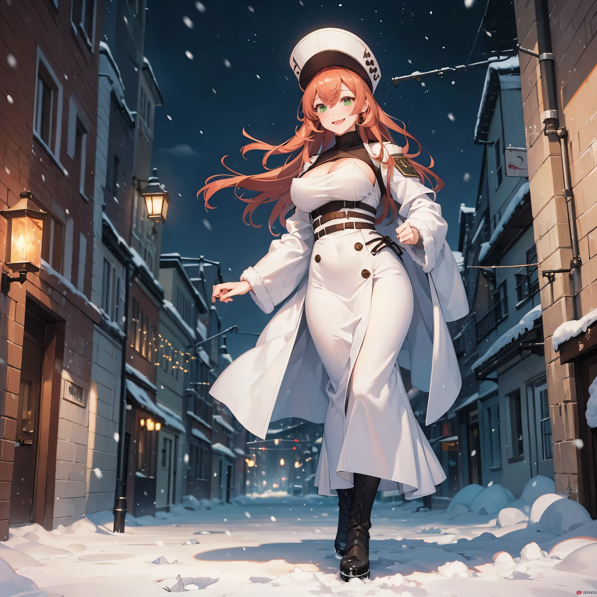 Anime girl in white coat and hat running through snowy street - SeaArt AI