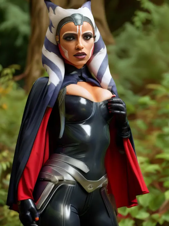 ahsoka, helmet with red visor, cape, armor,black gloves,tight latex bodysuit,black cape,black pants, break close-up, solo, stand...