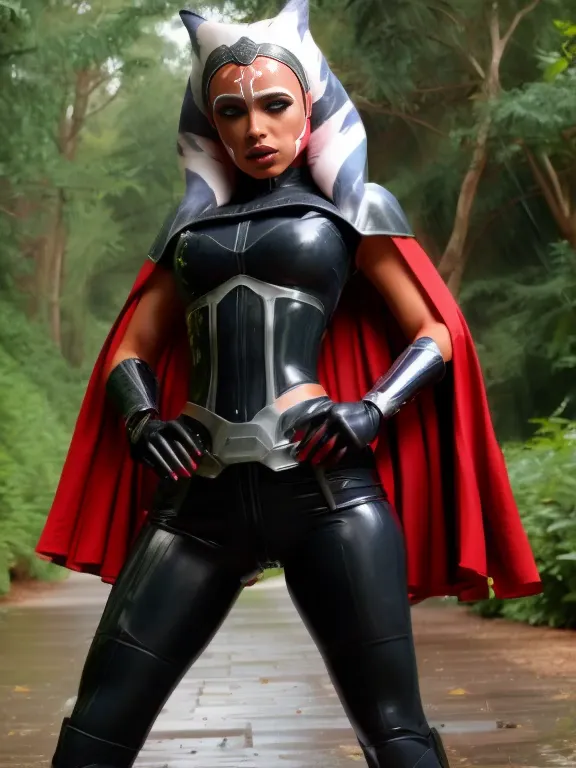 ahsoka, helmet with red visor, cape, armor,black gloves,tight latex bodysuit,black cape,black pants, break close-up, solo, stand...