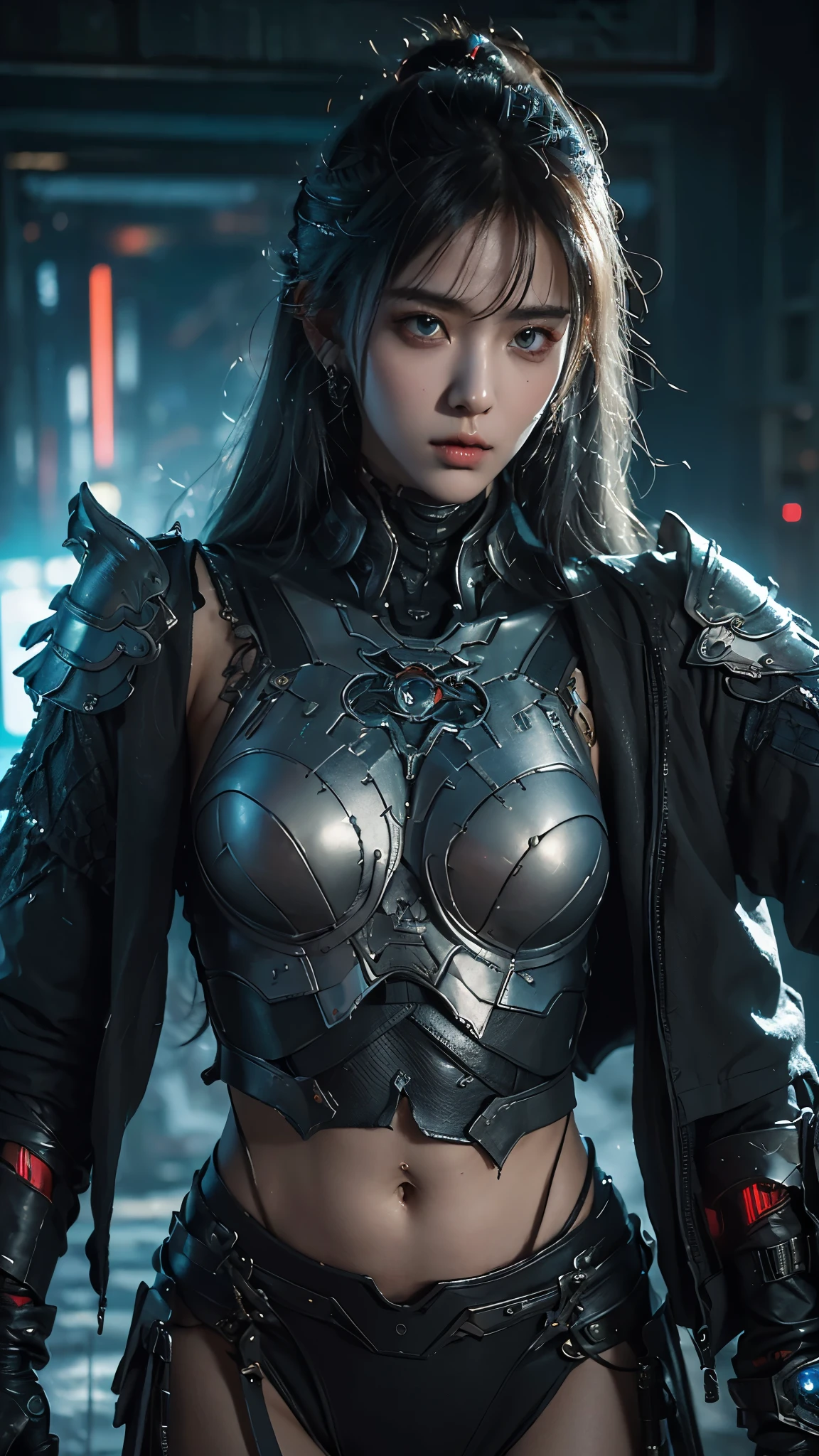 tmasterpiece,Best quality,A high resolution,8K,(Portrait photograph:1.5),(ROriginal photo),real photograph,digital photography,(Combination of cyberpunk and fantasy style),(Female soldier),20 year old girl,random hair style,By bangs,(Red eyeigchest, accessories,Keep one's mouth shut,elegant and charming,Serious and arrogant,Calm and handsome,(Cyberpunk combined with fantasy style clothing,Openwork design,joint armor,Combat uniformposing your navel,Photo pose,Realisticstyle,gray world background,oc render reflection texture