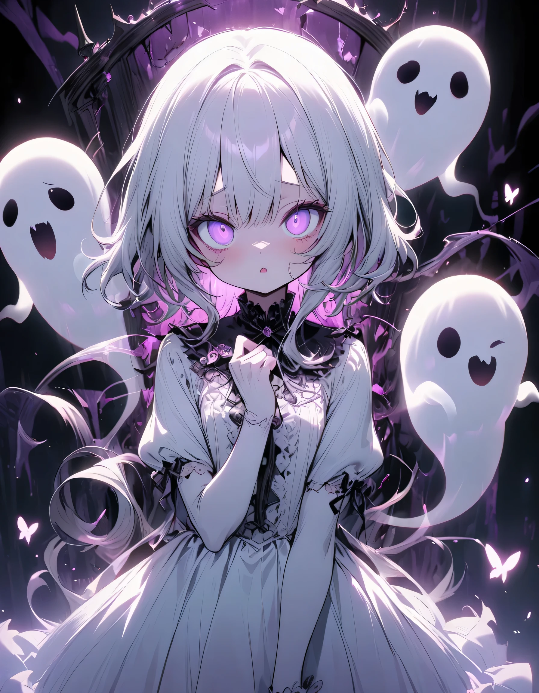 Anime girl with white hair and purple eyes surrounded by ghosts - SeaArt AI