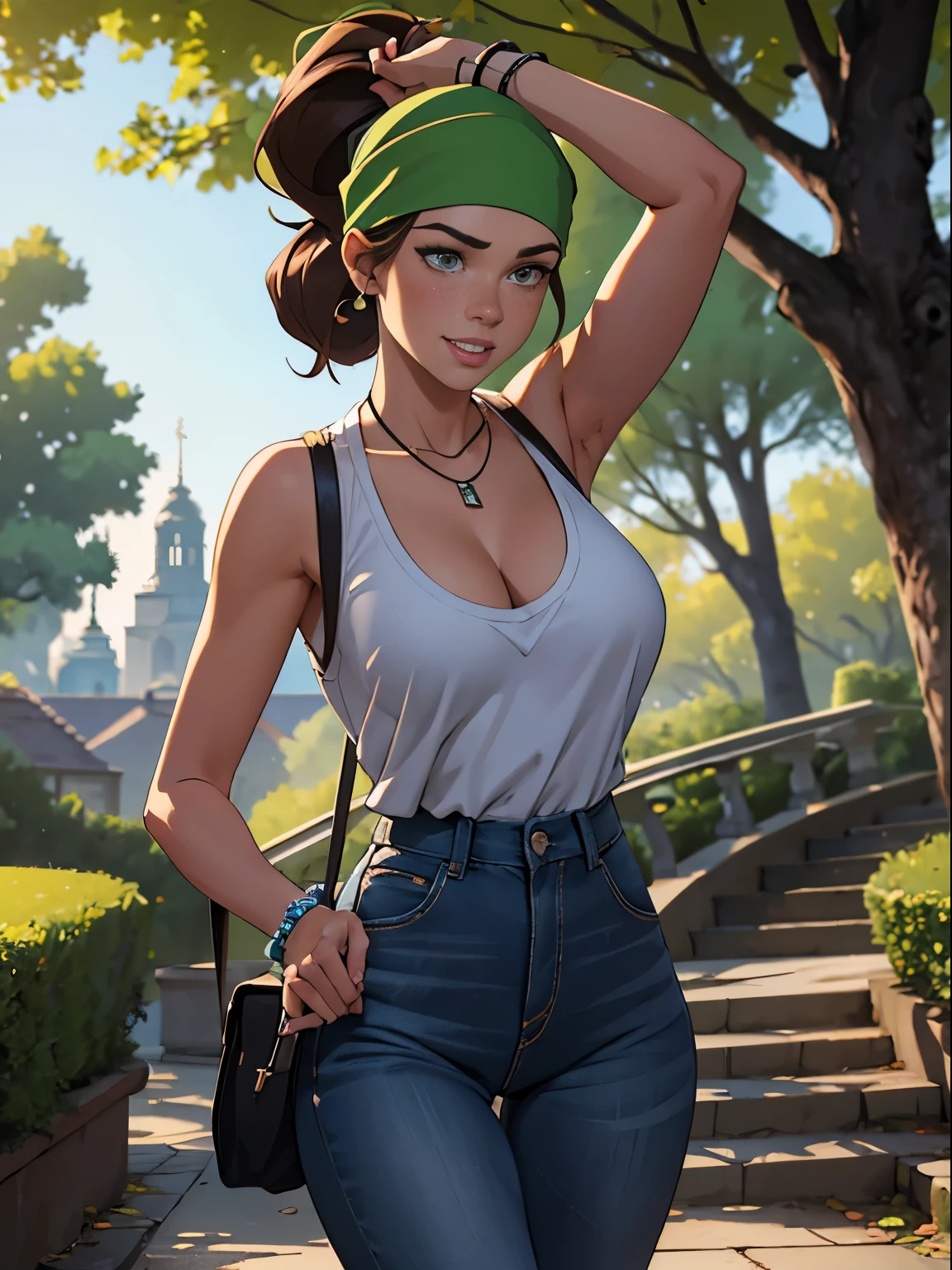 (masterpiece, top quality, best quality, official art, beautiful and aesthetic:1.2), (1girl:1.3), (gorgeous face), light freckles, fair skin, brown hair, extremely detailed, portrait, looking at viewer, solo, (full body:0.6), detailed background, close up, (airy modern theme:1.1), extremely busty photographer girl, ponytail, big lips, charlatan, smiling, mysterious, walking in the park, dark green jacket, green tank top, jeans, do-rag, headband, bandana, bracelets, necklace, trees, modern city park, pond, paths, well-lit, thin and toned physique, ((((gigantic breasts, cleavage, skindentation)))), slim waist, slim hips, long legs, modern (park exterior:1.1) background, dark mysterious lighting, shadows, magical atmosphere, dutch angle,