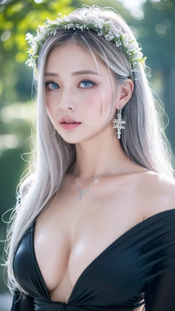 1 miniature Beautiful beautiful woman - Yuan Sayuki, ((top quality, 8K, Masterpiece:1.retty woman, 1 woman, huge breasts:1.3, a slim body:1.1, lush white long hair, (shower, wet body, wet clothes:1.1), very detailed face, detailed lips, detailed eyes, double eyelids, Detailed blue eyes, чрезвычайно Detailed Outstanding Blue Eyes, white wet hair, white wet hair, Detailed Outstanding Blue Eyes, innocent look at the viewer, very wet wavy white hair, Detailed Outstanding Blue Eyes, huge cross earrings, Outdoors, badges behind, gothic wedding uniform, sexy gothic style wedding dress with veil, bare chest, huge chest tattoo wearing a wreath, detailed huge earrings, chest tattoo, Outside - there are trees and a buddhist temple in the background, wear a silver cross (Detailed cross shape), reality mode, wet breasts, black necklace, black wedding dress and black veil, human crowd behind, head/forehead chain veil, black latex gloves, naked breasts, naked breasrs, naked nipples, hair of white snowy colour