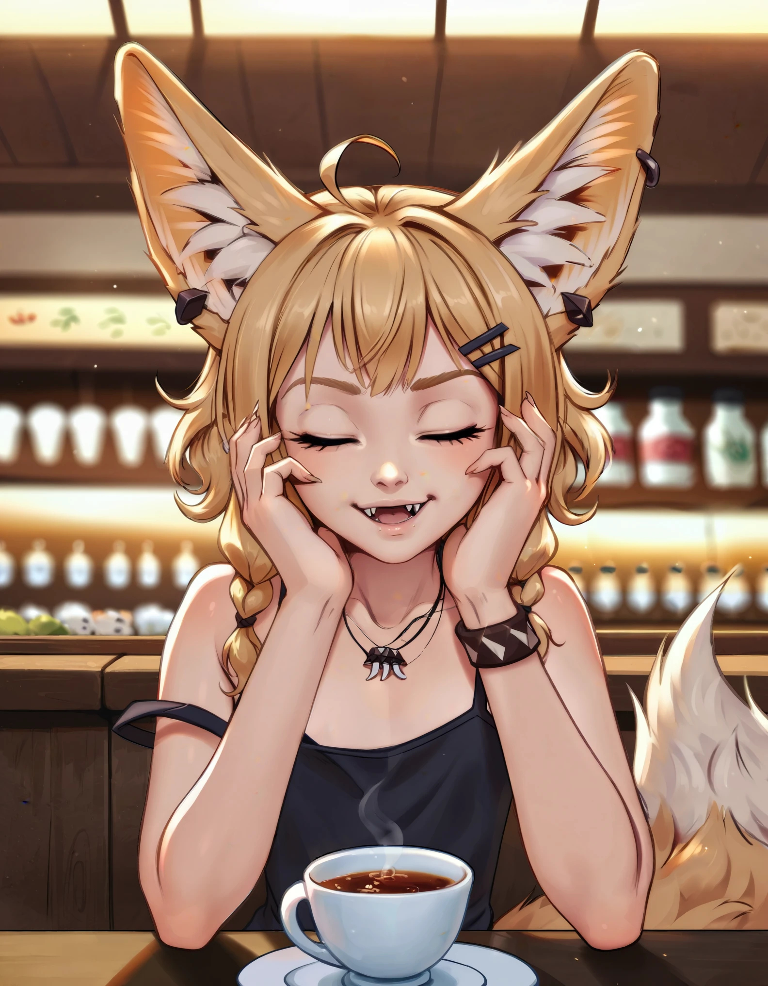 score_9, best quality, masterpiece, uncensored, source_anime
BREAK
khiara (personal ami), 1girl, ahoge, animal ear piercing, animal ears, black tank top, blonde hair, bracelet, braid, cafe, closed eyes, cup, fangs, flat chest, fox ears, fox girl, fox tail, hair ornament, hairclip, hands on own cheeks, hands on own face, indoors, jewelry, large ears, medium hair, necklace, open mouth, solo, strap slip, tail, tank top, upper body
