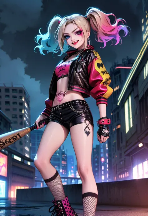 (medium：cartoon),harley quinn standing on the roof of a city building,dark and dramatic atmosphere,focus blur,city skyline in ba...