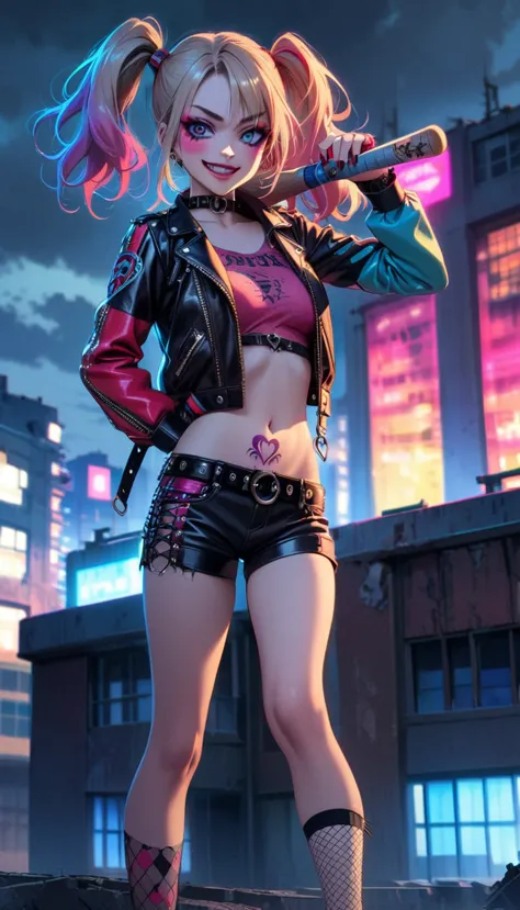 (medium：cartoon),harley quinn standing on the roof of a city building,dark and dramatic atmosphere,focus blur,city skyline in ba...