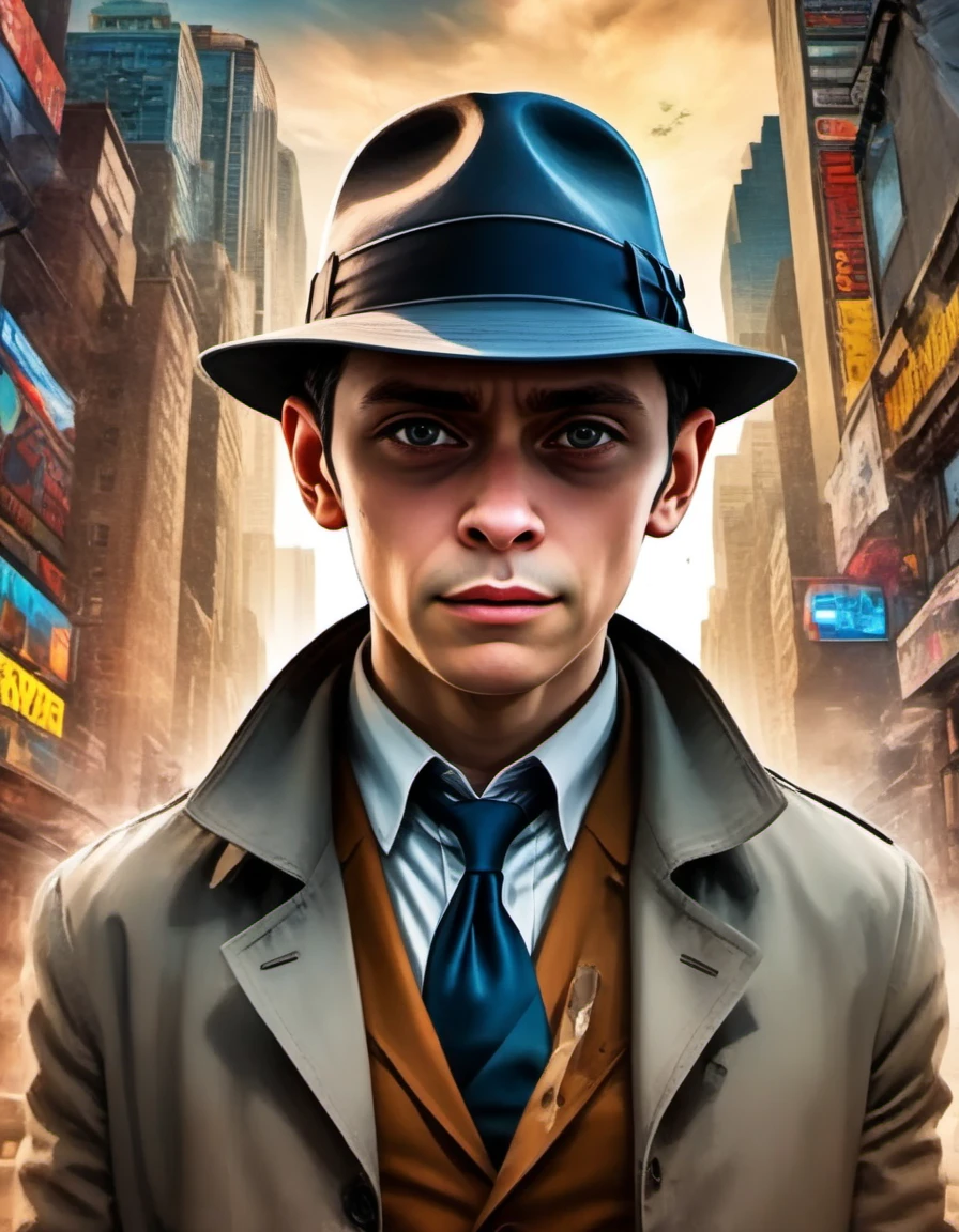 Erstellen Sie ein Cover-Poster für einen Comic, in dem der Detektiv einen Hut trägt, aber ursprünglich ein Psychiatrie-Patient ist