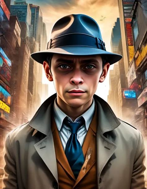 create a cover poster of comic in which detective having hat but originally he is a pysvhaitaric patient