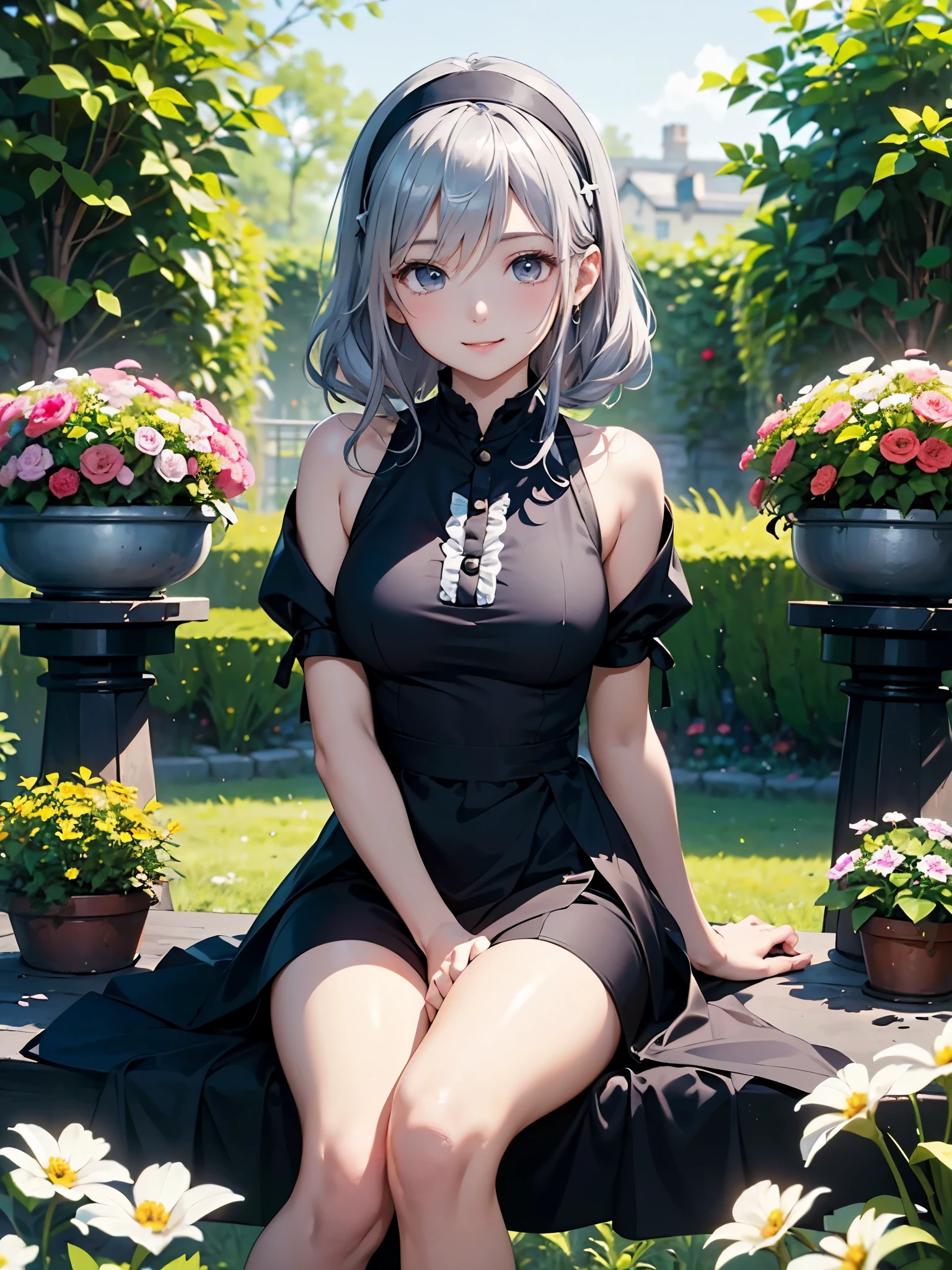 ((masterpiece、highest quality、High resolution、8K,Animated Illustration))、((attractive girl))、silver hair、shortcut、smile、black eyes、detailed eyes、white headband、break、Black backless maid outfit、Head to knee、sit elegantly、Not looking at the camera、A gorgeous garden filled with blooming flowers、