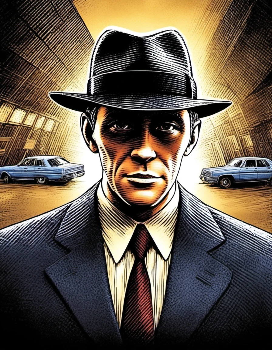 créer une affiche de couverture de bande dessinée dans laquelle un détective porte un chapeau mais à l&#39;origine il est un patient pysvhaitarique