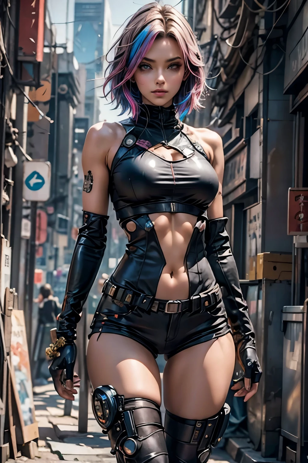 (fond d&#39;écran CG Unity 8k extrêmement détaillé), (Ultra-détaillé), chef-d&#39;œuvre, meilleure qualité, Lucie (cyberpunk), le maillot de corps, seulement, seins, ville cyberpunk, Cheveux multicolores, cheveux courts, regarder le spectateur, medium seins, black le maillot de corps, yeux gris, évent de hanche, découpe de vêtements, écart entre les cuisses, nombril couvert, veste blanche, épaules nues, short court, canapé,