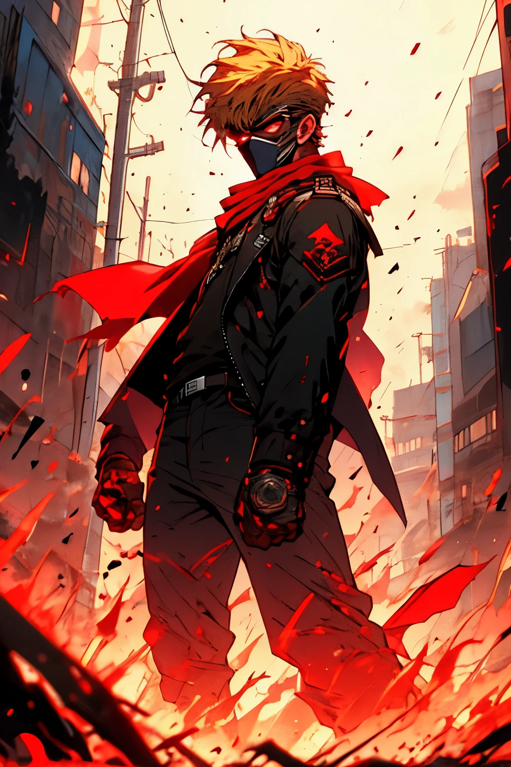 dünner großer Mann mit einem roten Kopftuch, kurzer blonder Buzzcut-Frisur und Pflaster auf der Wange in einer rot-schwarzen Jacke mit schwarzer Gesichtsmaske auf den Schultern und Blick nach oben in eine apokalyptische Stadt