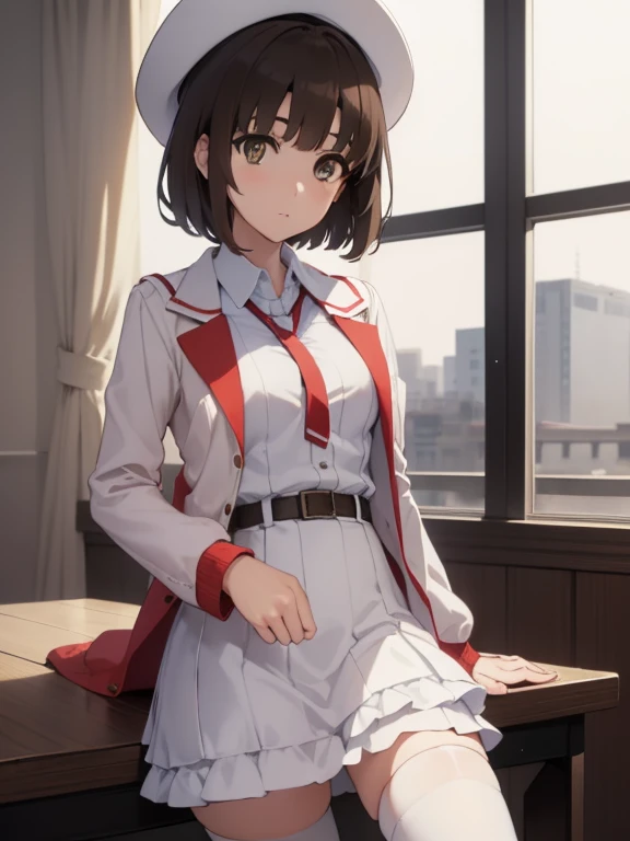 katoumegumi, megumi katou, brown hair, short hair, (brown eyes:1.7), 
break hat, Jacket, long sleeve, Thighhighs, white hat, white Thighhighs, dress, white dress, (red Jacket:1.5), (white hat:1.5), open cardigan, open clothes,
break looking at viewer,
break indoors, classroom,
break (masterpiece:1.2), highest quality, High resolution, unity 8k wallpaper, (figure:0.8), (detailed and beautiful eyes:1.6), highly detailed face, perfect lighting, Very detailed CG, (perfect hands, perfect anatomy),