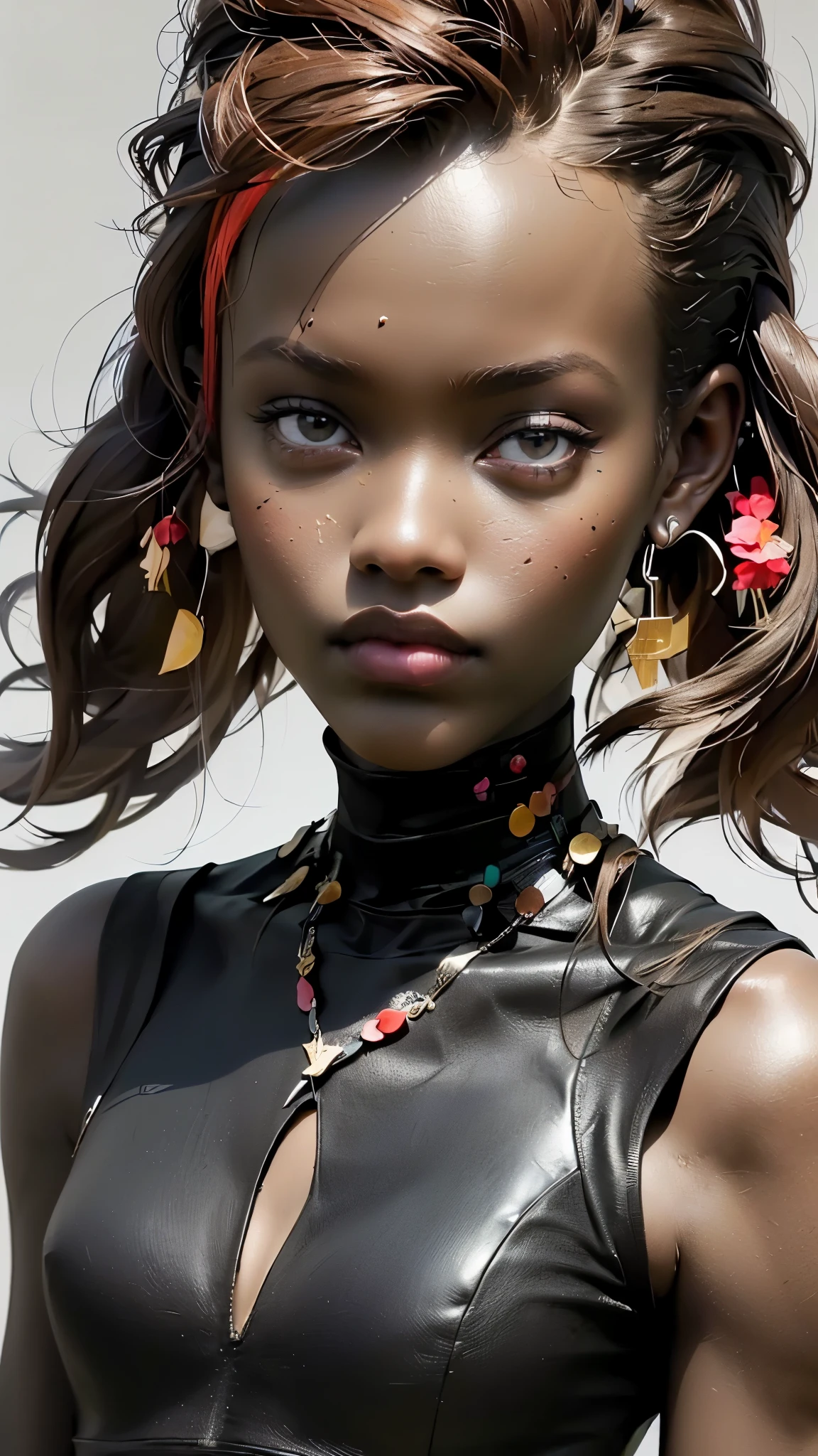 ((Long shot:1.4, dynamic pose:1.4)), (( young single African American woman:1.6)),(( beautiful, sensual and self-confident:1.5)), ((light brown and shiny eyes, afro hair :1.5)), ((ultra detailed:1.5)), sensual smile, beautiful full and shiny lips, with tattoo on arm and cheek, handsome hairstyle:1.2, cyberpunk, cyberpunk handsome, dreamy, ((beautiful and detailed hair, soft and bright:1.3)), dark atmosphere, cyberpunk clothing, ultrarealistic 8k, cyberpunk 20 years. a model child, The portrait, highly detailed 32k digital art, Beautiful digital artwork, Cyborg Cyberpunk. ((colors, cyan, greens, pink, brown: 1.2)), 8k realistic digital art, soft neon lighting on the face and body, ((highly detailed: 1.4), ((masterpiece)), (hyper detailed and beautiful: 1.3), (Photorealistic: 1.4)