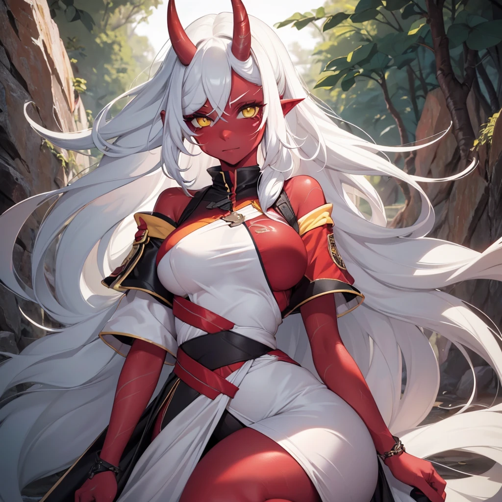 A girl with ((red skin, long white hair, yellow eyes, sexy clothes, and medium breasts)). She also has ((red horns)). The colors of the image should be vivid, enhancing the fantasy style. The lighting should be dramatic, with high contrast and strong shadows. The image should be of the best quality, with a resolution of 4k or 8k, and it should be a masterpiece. The image should have a realistic look, with attention to detail. ((Sexy clothes))